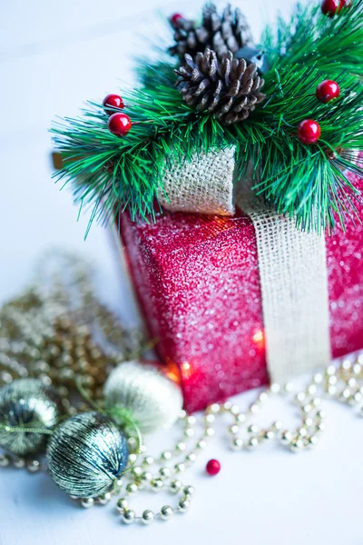 Christmas decorations on wooden background — Stock Photo, Image