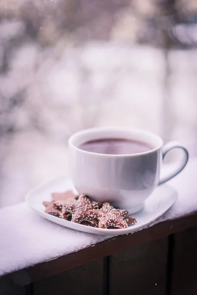 Tazza di tè caldo e biscotti fuori — Foto Stock