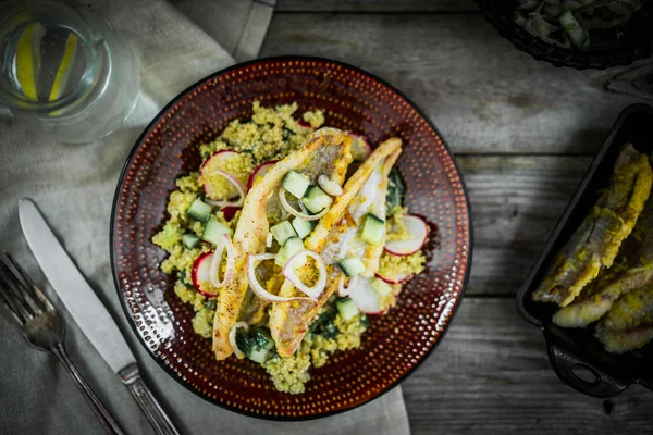 Pesce gatto alla griglia con quinoa e insalata di ravanello — Foto Stock