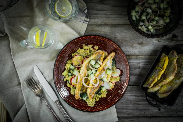 Pesce gatto alla griglia con quinoa e insalata di ravanello — Foto Stock