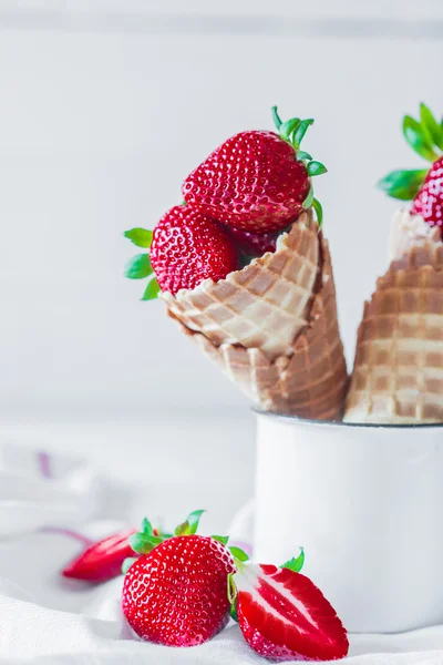 Strawberries in waffle cones — Stock Photo, Image