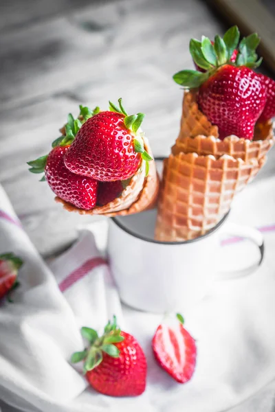Strawberries in waffle cones — Stock Photo, Image