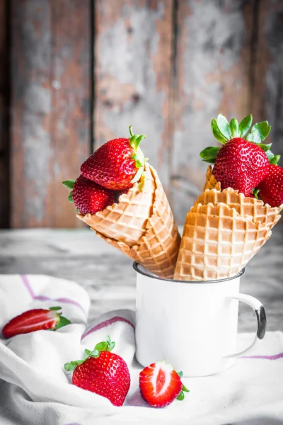 Strawberries in waffle cones — Stock Photo, Image