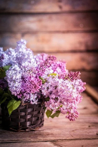 Kytici šeříku na dřevěné pozadí — Stock fotografie