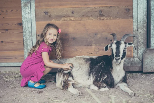 Linda chica con una pequeña cabra en una granja —  Fotos de Stock