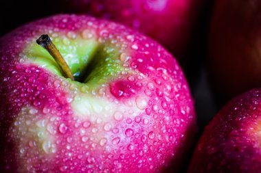 Üstünde su damlaları ile bir elma makro çekim