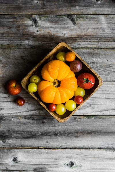 Colorful heirloom tomatoes on rustic wooden background — Stock Photo, Image