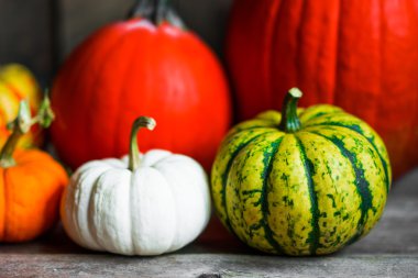 Rustik ahşap arka plan üzerinde renkli kabaklar