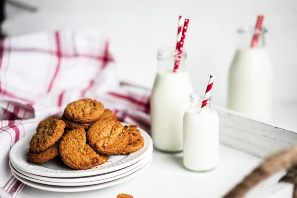 Biscotti di farina d'avena con latte in barattoli su fondo di legno bianco — Foto Stock