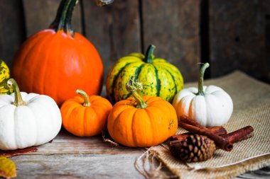 Renkli kabaklar ve rustik ahşap arka plan üzerinde sonbahar yaprakları