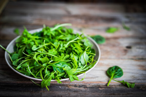 Fresh arugula and spinach salad on rustic background