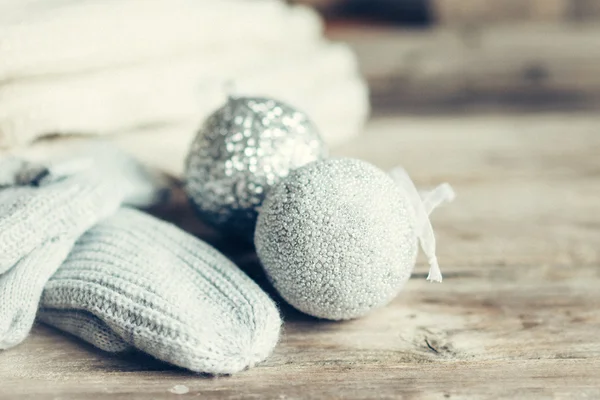 Christmas ornaments on rustic wooden background — Stock Photo, Image