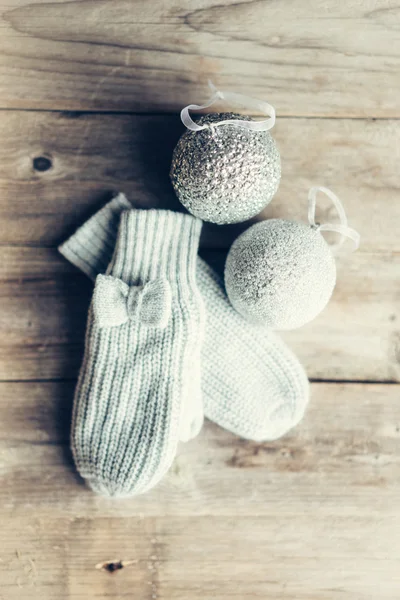 Christmas ornaments on rustic wooden background — Stock Photo, Image