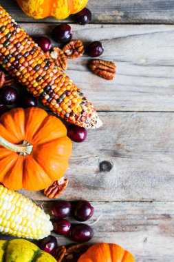 Kabaklar, Mısır, elma, fındık ve kızılcık ahşap arka plan üzerinde