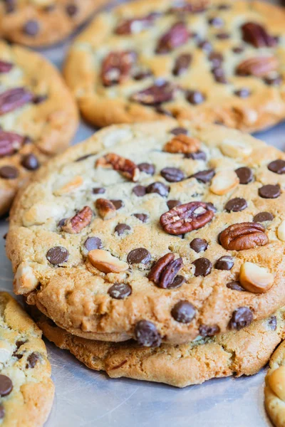 Biscoitos de aveia com pedaços de chocolate e nozes — Fotografia de Stock