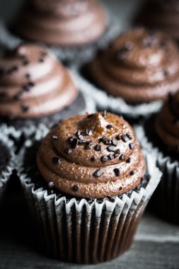 Rustik ahşap zemin üzerine çikolata cupcakes