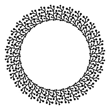 Düğün çelengi siyah defne yüzüğü ayırıcısı beyaz arka planda. Yuvarlak çiçekli el çizilmiş Noel, yeni yıl bitki çemberi çerçeve tasarımı. Tebrik kartı, tekstil kumaş tişört çantası.