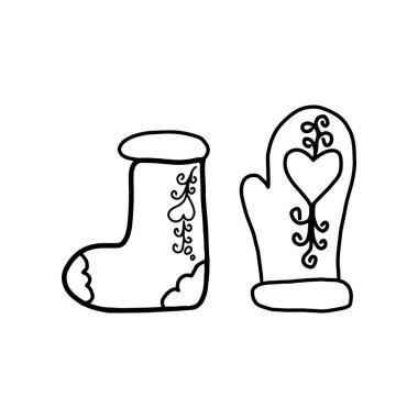 Mitten çizme boyama sayfasını hissetti. El yapımı kış vektör illüstrasyon kalbi. Web ögesi için Noel davetiyesi pankartı, eldiven tasarımı ikonu, çocuk kitabı afiş çocuk posteri şablonu