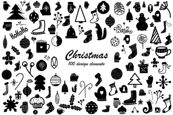 Boże Narodzenie Ręcznie Rysowane 100 Elementów Konstrukcyjnych Ustawić Wektor Ilustracji — Wektor stockowy
