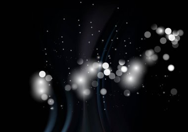 Bulanık parçacıklara sahip soyut arkaplan, hareket desenli şablon, siyah arkaplan üzerinde rastgele parlayan parçacıklar