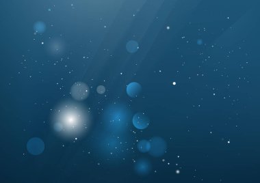 Bulanık parçacıklara sahip soyut arkaplan, hareket desenli şablon, mavi arkaplan üzerinde rastgele parlayan parçacıklar