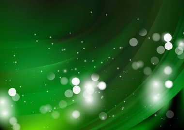 Bulanık parçacıklara sahip soyut arkaplan, hareket desenli şablon, yeşil arkaplan üzerinde rastgele parlayan parçacıklar