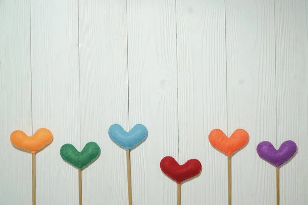 Top View Colorful Heart Shape White Wooden Plank Background Valentine — Stock Photo, Image