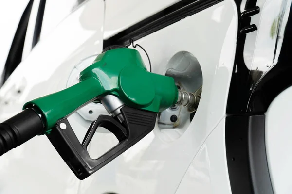Gas Pump Nozzle Fuel Tank White Car — Stock fotografie