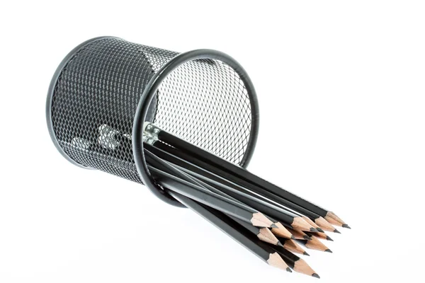 Black pencil holder with pencils isolated on white background — Stock Photo, Image