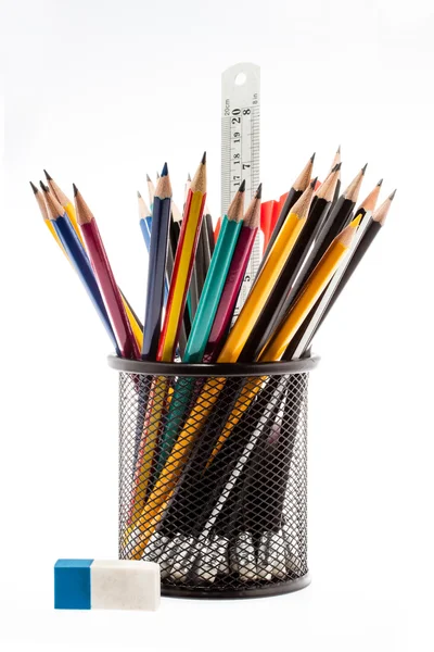 Black pencil holder with pencils isolated on white background — Stock Photo, Image