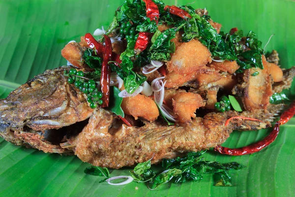 Estilo de comida tailandesa: Fried river fish with Thai Hearb — Fotografia de Stock