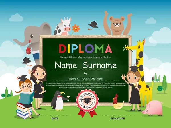 School Kids Diploma certificaatsjabloon met dierlijk beeldverhaal frame — Stockvector