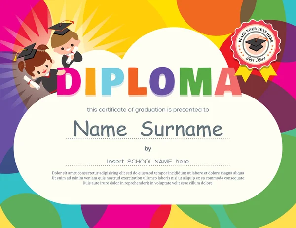Scuola materna Scuola elementare Bambini Diploma modello di certificato di progettazione Illustrazioni Stock Royalty Free