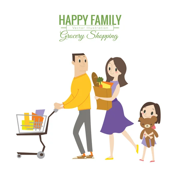 Gelukkige familie in supermarkt met winkelwagen — Stockvector
