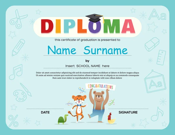 Przedszkole Kids Diploma certificate background design template — Wektor stockowy