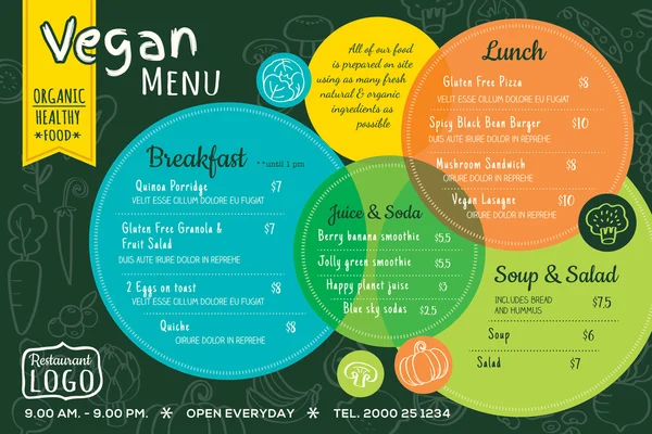 Colorful organic food vegan restaurant menu board or placemat template — Stock Vector