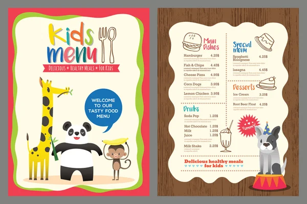 Cute colorful kids meal menu vector template with animals cartoon — Stock Vector