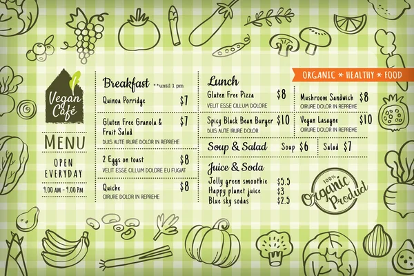 Nourriture biologique végétalien restaurant menu conseil ou napperon modèle — Image vectorielle