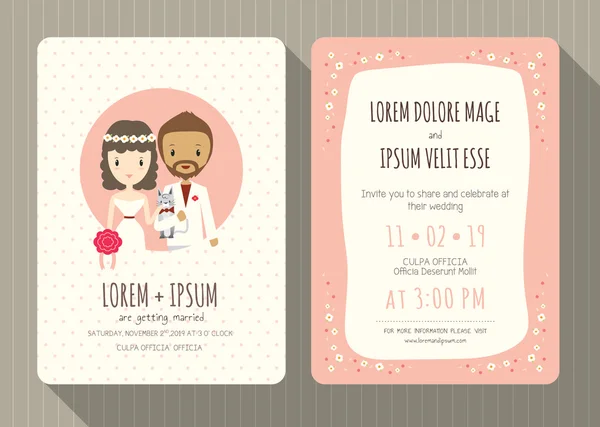 Tarjeta de invitación de boda con lindo novio y novia de dibujos animados — Vector de stock