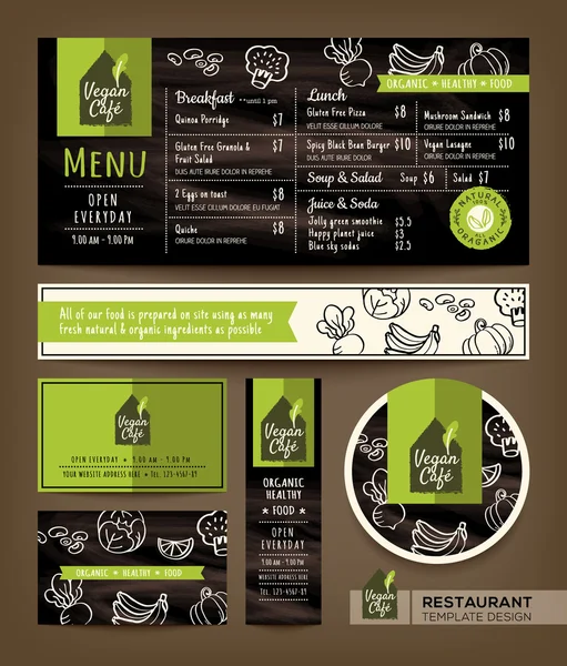 Vegetariano y vegano saludable restaurante cafetería menú conjunto diseño gráfico plantilla — Vector de stock
