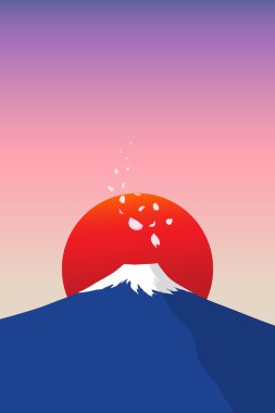 Fuji mountain with falling sakura petals and red sun in background vector Fuji mountain with falling sakura petals and red sun in background vector