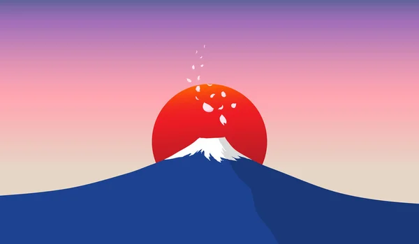 Fuji mountain with falling sakura petals and red sun in background — Stock Vector