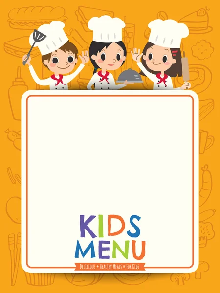 Kids menu young chef children with blank menu board cartoon illustration — Stock Vector