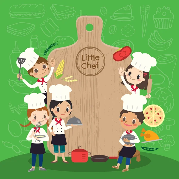 Groupe de jeune chef avec bloc de coupe enfants enfants dessin animé illustration — Image vectorielle