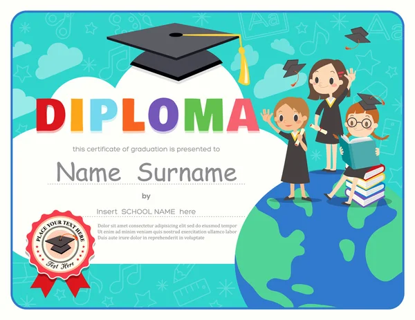 Escola Primária Crianças Graduação Diploma modelo de design certificado — Vetor de Stock
