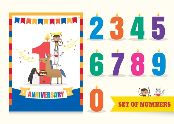 Un anniversaire anniversaire enfants anniversaire célébration fond avec des animaux dessin animé et chiffres modèle — Image vectorielle