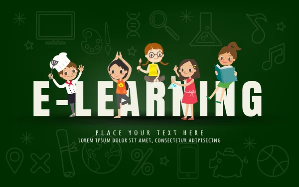 E-learning concepto de curso de educación para niños en el fondo de pizarra — Vector de stock