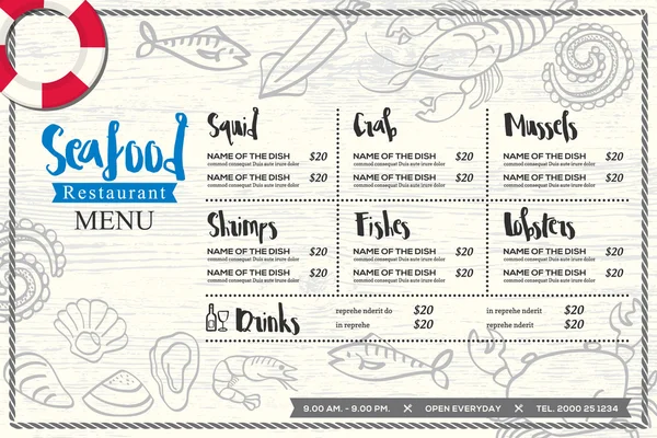 Seafood restaurant placemat menu design vector template with hand drawn graphic — Stock Vector