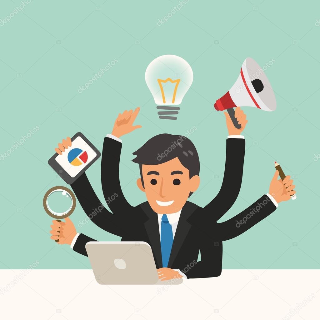 businessman with multitasking skills cartoon illustration