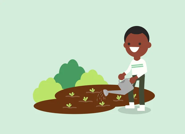 Jovem Afro Americano Planta Rega Ilustração Dos Trabalhadores Agrícolas Caráter —  Vetores de Stock